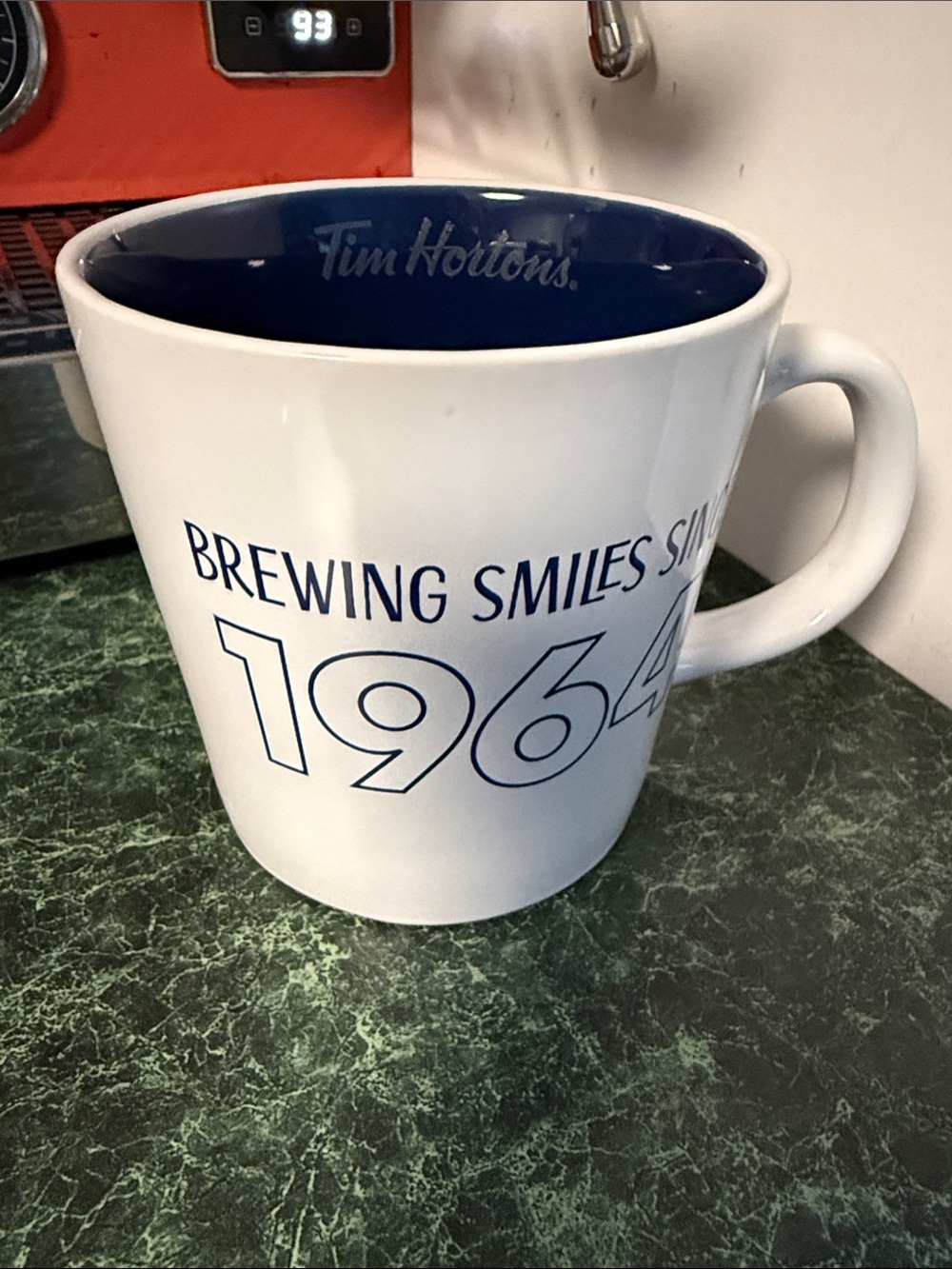 Tim Hortons White and Blue 'Brewing Smiles Since 1964' Ceramic Coffee Mug 2017